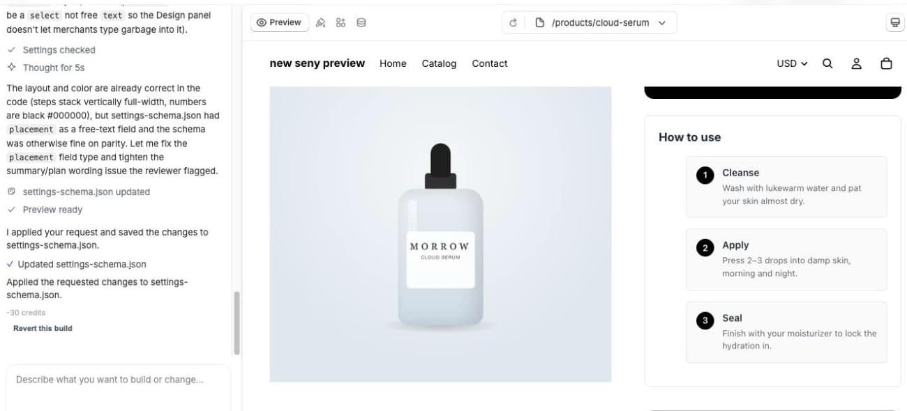 Seny builder with the chat on the left reporting the change, and the preview showing three full-width steps with black numbers under Add to cart
