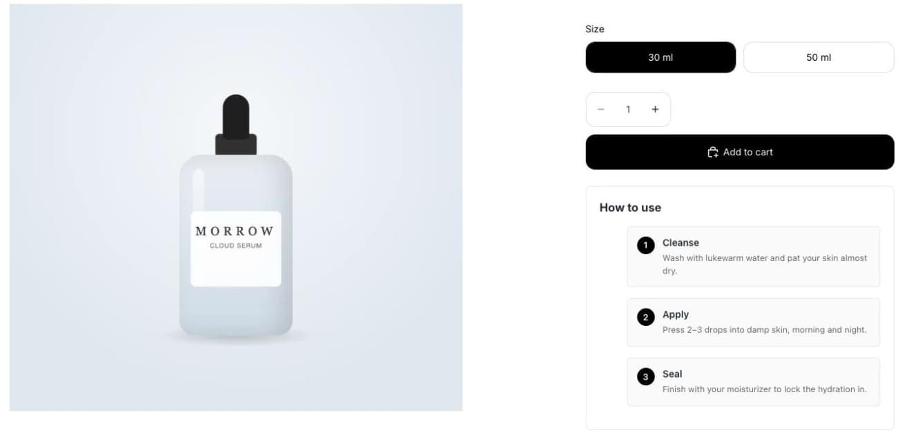 Product page for Cloud Serum with a How to use box under Add to cart: 1 Cleanse, 2 Apply, 3 Seal, each with one sentence