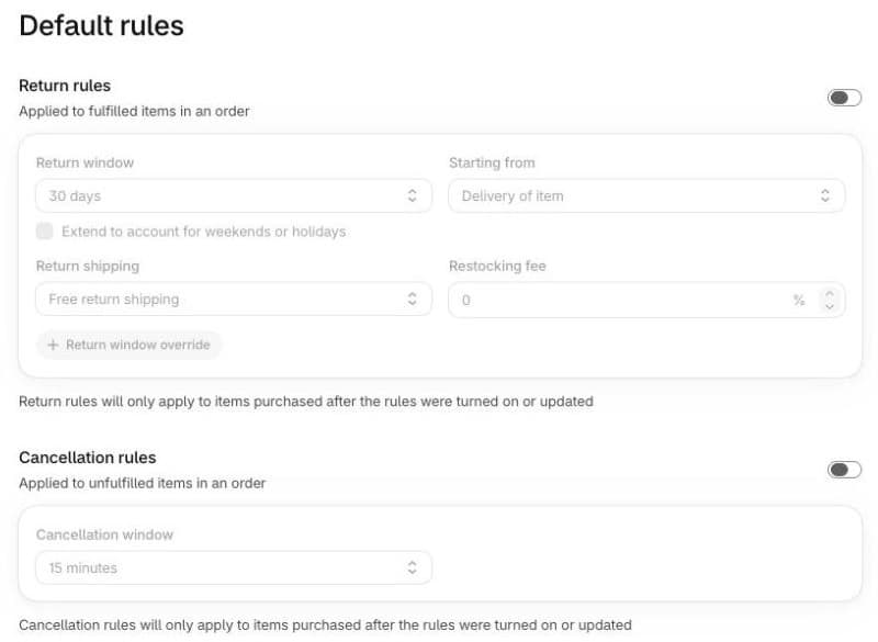 Shopify admin Default rules page with Return rules (applied to fulfilled items: return window, starting from delivery of item, return shipping, restocking fee) and Cancellation rules (applied to unfulfilled items: cancellation window)