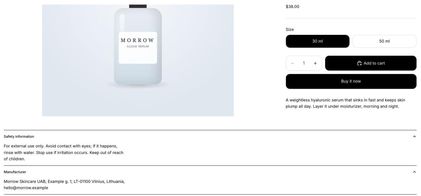 Product page for Cloud Serum with Safety information and Manufacturer rows open under the product, showing warnings and the manufacturer's name, address and email