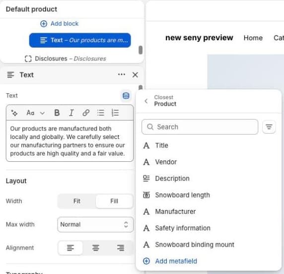Shopify theme editor: Text block settings with the dynamic source list open, showing product fields Title, Vendor, Description, Manufacturer and Safety information