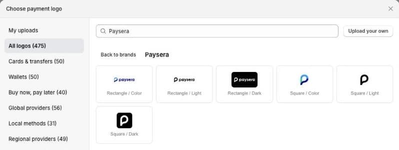 Seny Choose payment logo window with a search for Paysera showing six Paysera logo versions, rectangle and square in colour, light and dark, and an Upload your own button