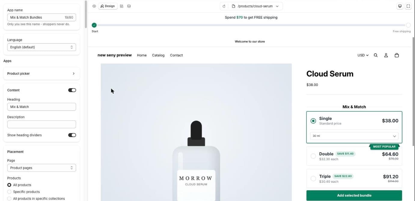 Seny builder for Mix & Match Bundles with the live preview of a product page showing Single, Double (Most popular) and Triple offers