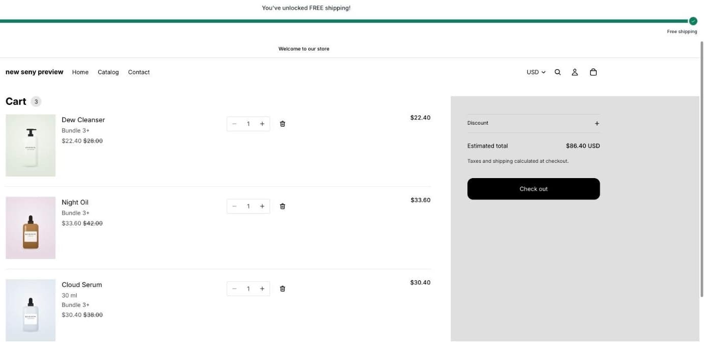 Shopify cart with Dew Cleanser $22.40, Night Oil $33.60 and Cloud Serum $30.40, each marked Bundle 3+, estimated total $86.40
