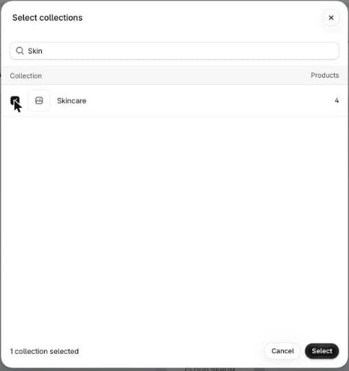 Select collections dialog in Seny with the Skincare collection (4 products) selected