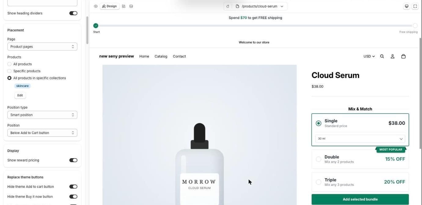 Seny Placement settings with Product pages, All products in specific collections, skincare selected, and the bundle below the product title in the preview