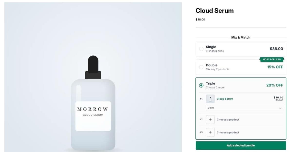 Triple offer selected on the Cloud Serum page: slot 1 Cloud Serum at $30.40 instead of $38.00, slots 2 and 3 empty with Choose a product