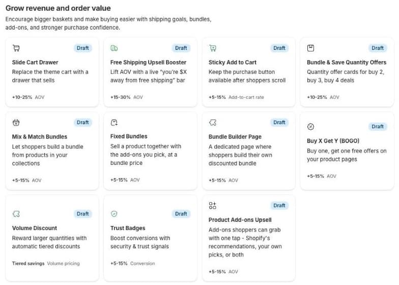 „Seny“ įrankių bibliotekos skiltis Grow revenue and order value: Slide Cart Drawer, Free Shipping Upsell Booster, Sticky Add to Cart, Bundle & Save Quantity Offers, Mix & Match Bundles, Fixed Bundles, Bundle Builder Page, Buy X Get Y, Volume Discount, Trust Badges ir Product Add-ons Upsell, kiekvienas su tipiniu poveikio intervalu