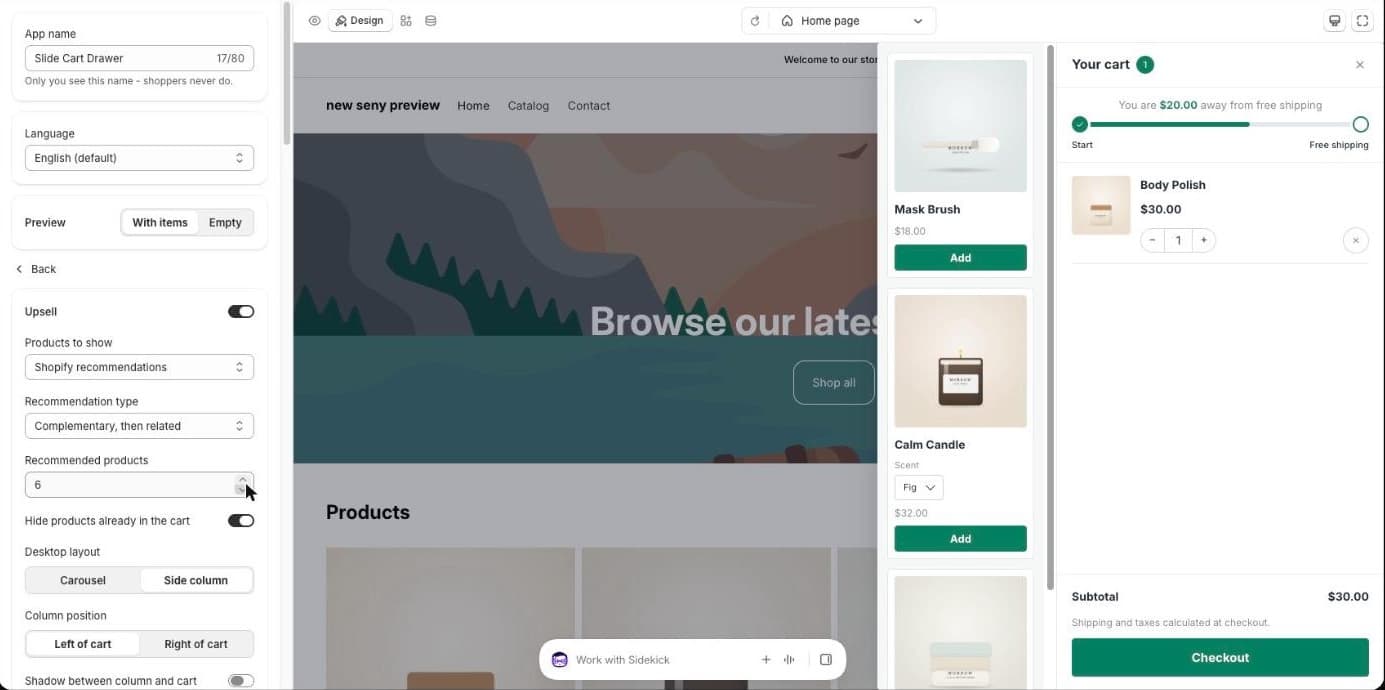 Seny Upsell settings: Products to show set to Shopify recommendations, Complementary then related, 6 recommended products, Hide products already in the cart on, Desktop layout side column