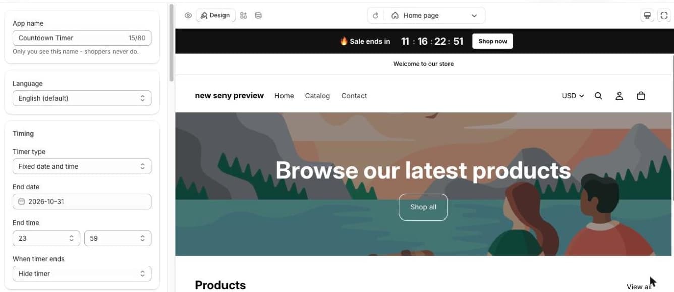 Seny Countdown Timer design panel with Timer type Fixed date and time, End date 2026-10-31, End time 23:59 and When timer ends Hide timer, with a black Sale ends in 11:16:22:51 bar at the top of the store preview