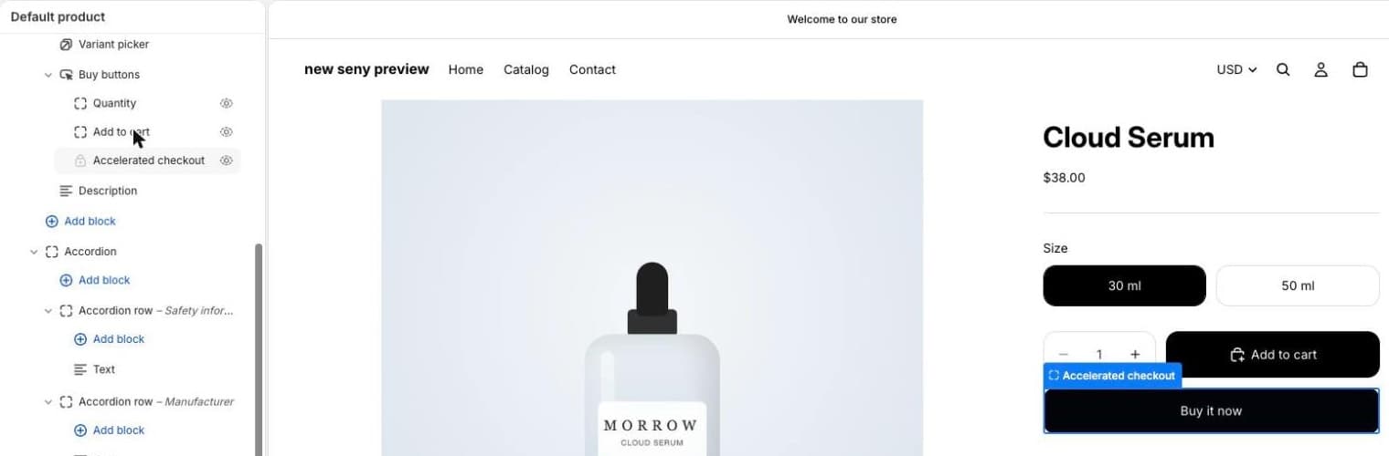 Shopify theme editor for Horizon: Buy buttons block expanded with Quantity, Add to cart and Accelerated checkout, and the Buy it now button highlighted on the product page