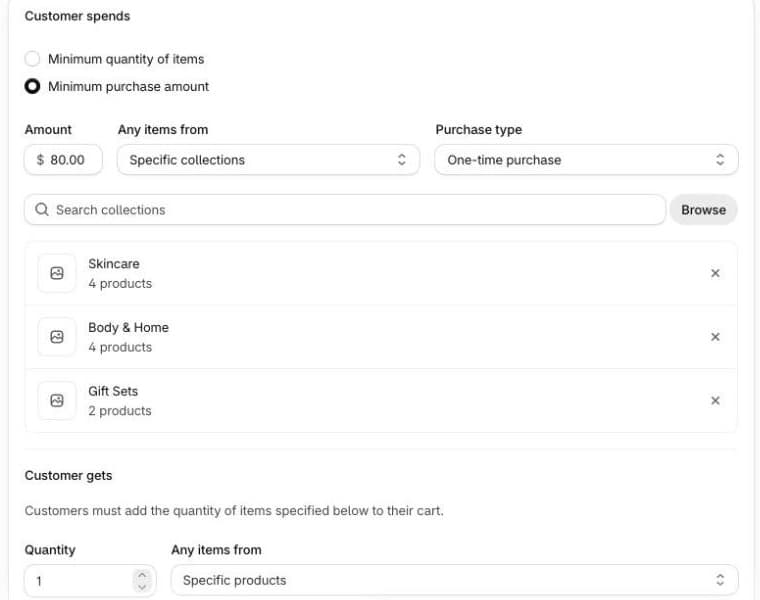 Shopify Buy X get Y discount form with the note Customers must add the quantity of items specified below to their cart