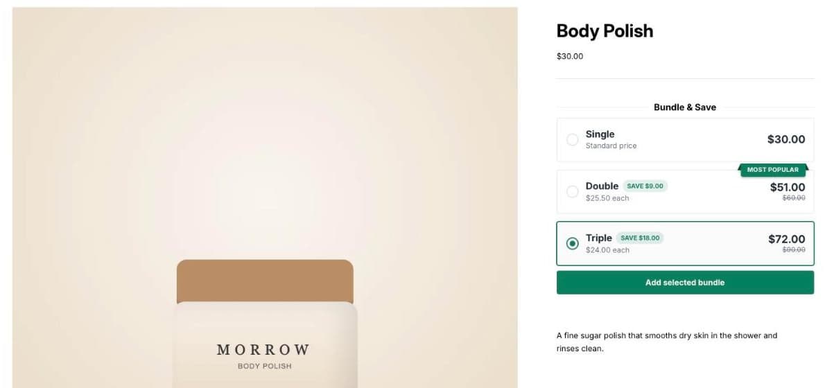 Shopify product page for Body Polish with Bundle & Save offers: Single $30, Double $51 (save $9), Triple $72 (save $18) selected