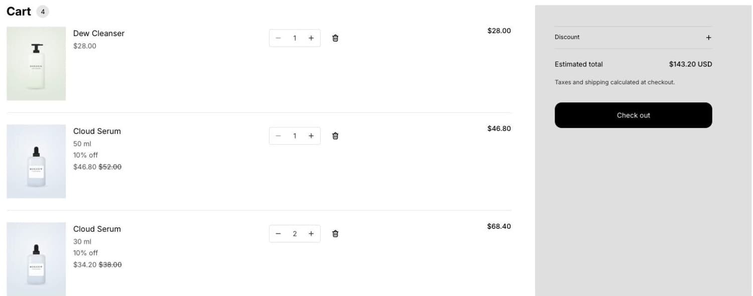 Shopify cart with Dew Cleanser at full price $28.00, and Cloud Serum 50 ml and two Cloud Serum 30 ml each marked 10% off: $46.80 instead of $52.00 and $34.20 instead of $38.00
