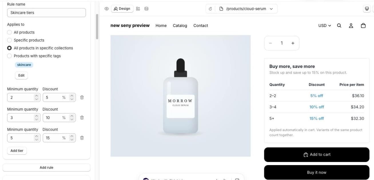 Seny Volume Discount rule Skincare tiers applied to the skincare collection with tiers 2 = 5%, 3 = 10%, 5 = 15%, and the product page preview showing a Buy more, save more table with prices per item $36.10, $34.20 and $32.30