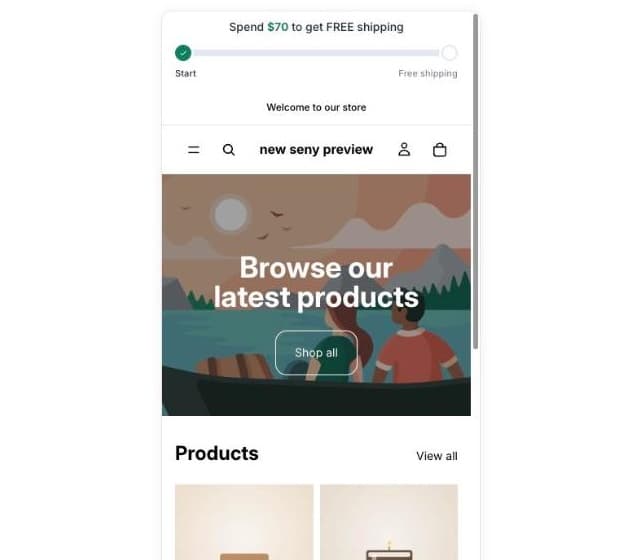 Seny mobile preview of a Shopify store with the free shipping message and progress bar above the header
