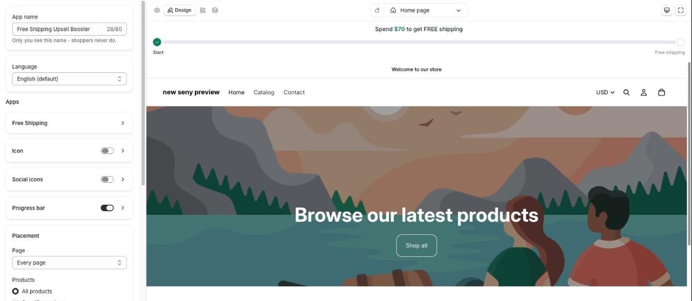 Seny builder with the Progress bar section switched on and a progress track under the free shipping message in the preview