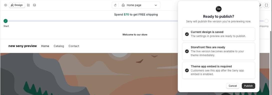 Seny Ready to publish checklist: current design is saved, storefront files are ready, theme app embed is required