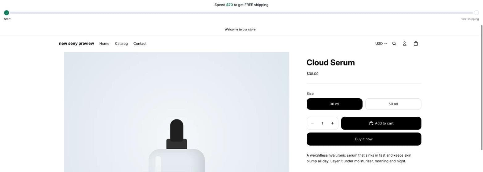 Shopify product page for Cloud Serum with the bar reading Spend $70 to get FREE shipping and an empty progress track