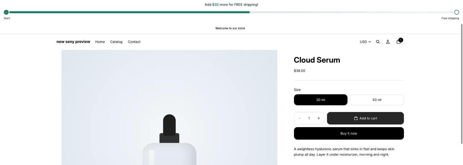 Shopify product page with a free shipping progress bar at the top saying Add $32 more for FREE shipping, the bar about half full