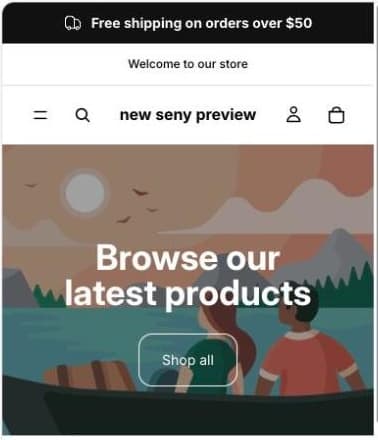Parduotuvė telefone su dviem juostomis viršuje: „Seny“ juosta Free shipping on orders over $50 ir po ja temos juosta Welcome to our store
