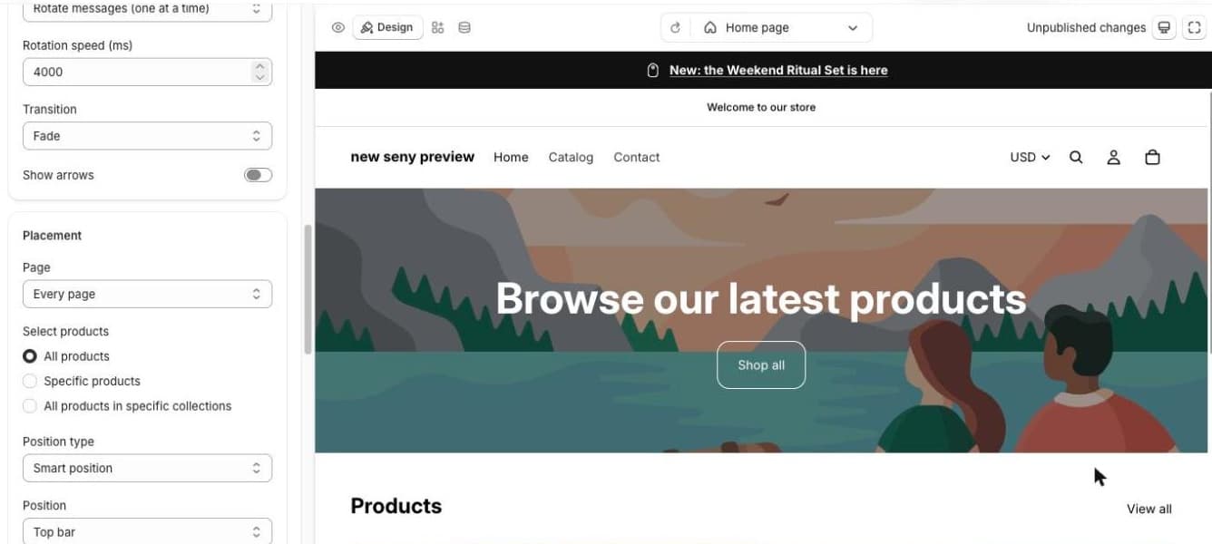 „Seny“ Announcement Bar dizaino skydelis su Rotate messages, Rotation speed 4000, Transition Fade, Page Every page ir Position Top bar, o peržiūroje juoda juosta New: the Weekend Ritual Set is here virš temos juostos Welcome to our store