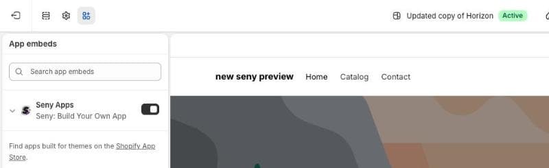 „Shopify“ temos redaktorius su atidarytu App embeds skydeliu aktyvioje temoje Updated copy of Horizon, Seny Apps jungiklis įjungtas