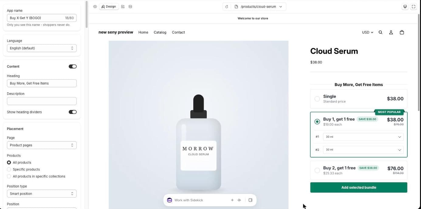 „Seny“ Buy X Get Y (BOGO) kūrimo langas: kairėje Content ir Placement nustatymai, peržiūroje pasiūlymų kortelės Cloud Serum prekės puslapyje