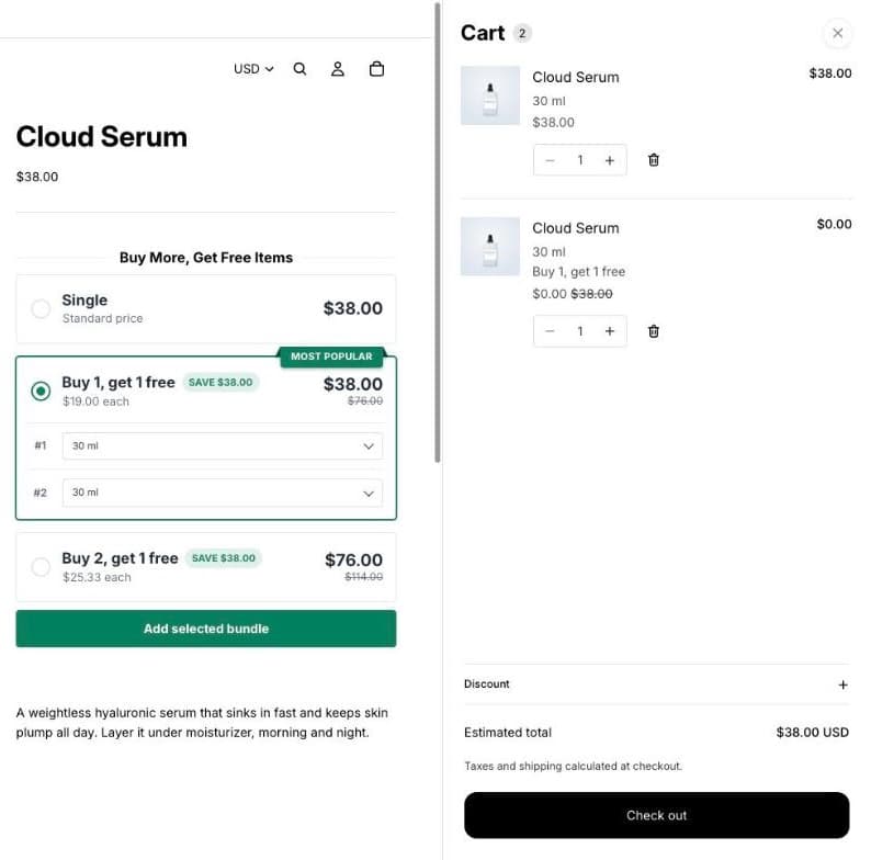 Krepšelis su dviem Cloud Serum 30 ml eilutėmis: viena už 38,00 $, kita pažymėta Buy 1, get 1 free už 0,00 $ vietoj 38,00 $, bendra suma 38,00 $