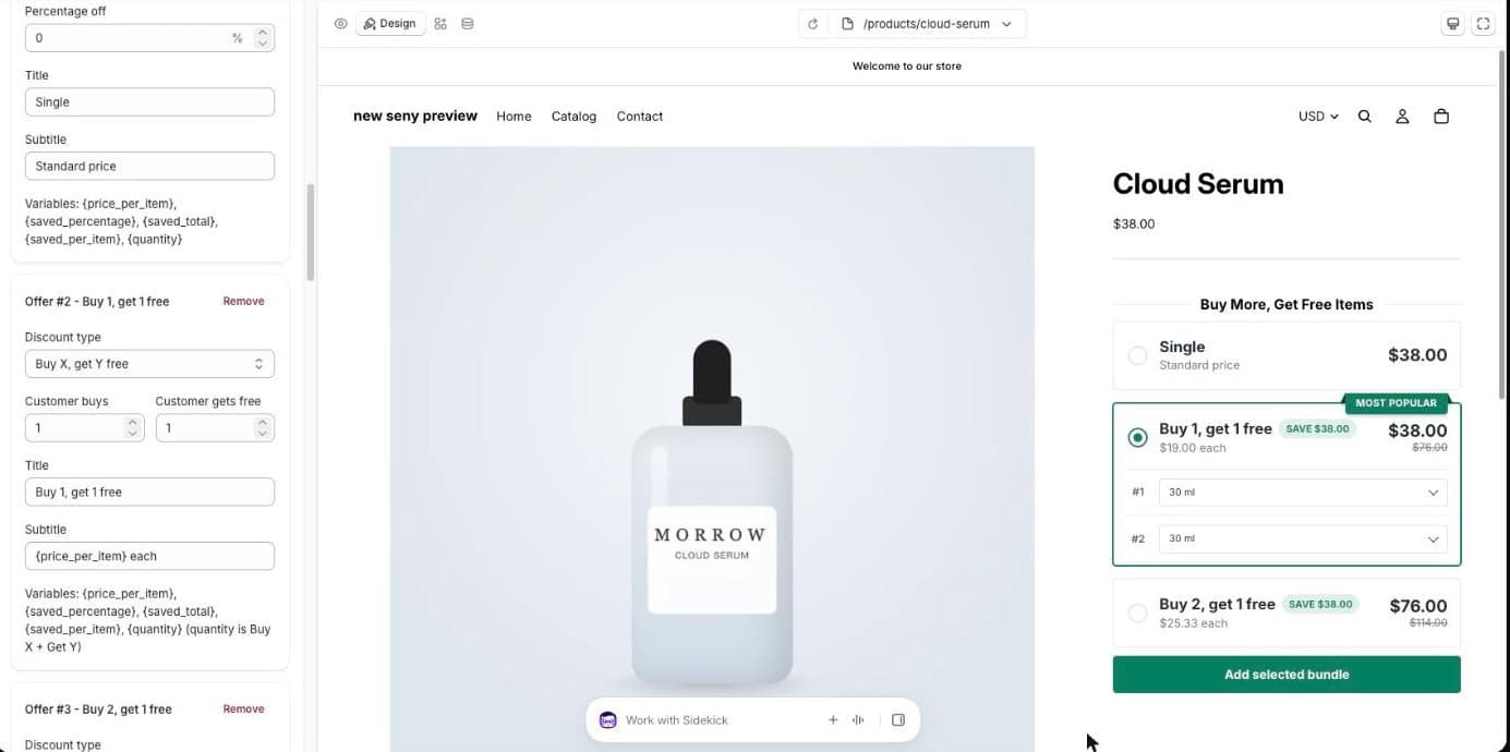 „Seny“ pasiūlymų redaktorius: Offer #2 Buy 1, get 1 free, Discount type Buy X, get Y free, Customer buys 1, Customer gets free 1, pavadinimo ir paantraštės laukai