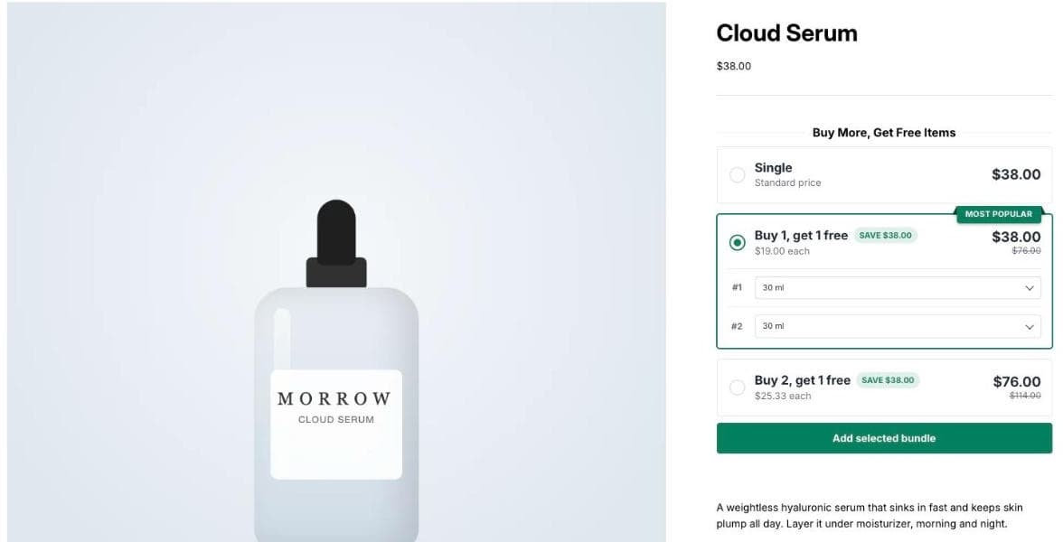 „Shopify“ prekės Cloud Serum puslapis su pasiūlymų kortelėmis: Single 38,00 $, Buy 1 get 1 free 38,00 $ vietoj 76,00 $, Buy 2 get 1 free 76,00 $ vietoj 114,00 $