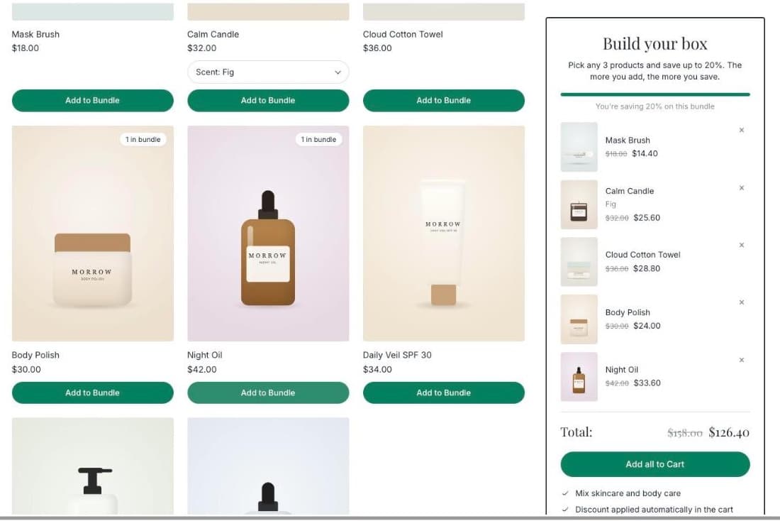 Build your box page on a Shopify store: product grid with Add to Bundle buttons and a summary holding five products, You're saving 20% on this bundle, total $126.40 instead of $158.00