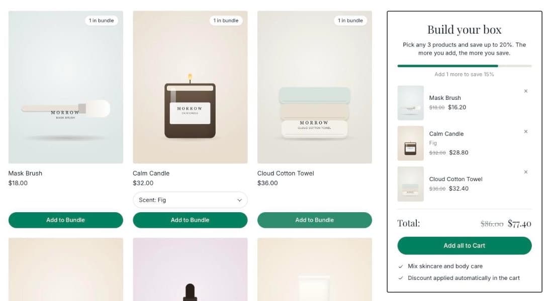 Box page with three products added: summary shows Mask Brush $16.20, Calm Candle $28.80, Cloud Cotton Towel $32.40, Add 1 more to save 15%, total $77.40 instead of $86.00