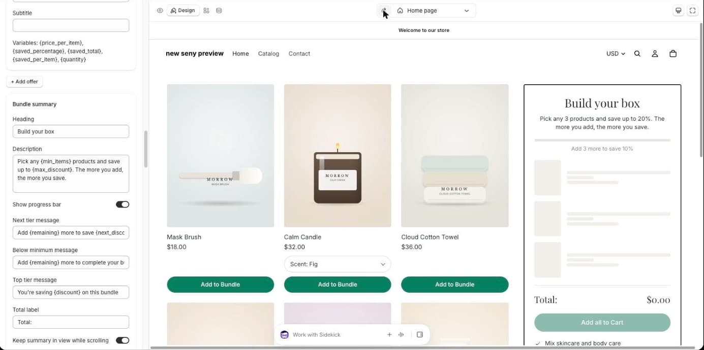 Seny Bundle summary with the heading Build your box and the description Pick any {min_items} products and save up to {max_discount}, with the preview showing the result