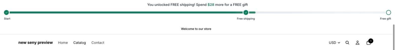 Free shipping bar at the top of the store: You unlocked FREE shipping! Spend $28 more for a FREE gift, with Start, Free shipping and Free gift steps