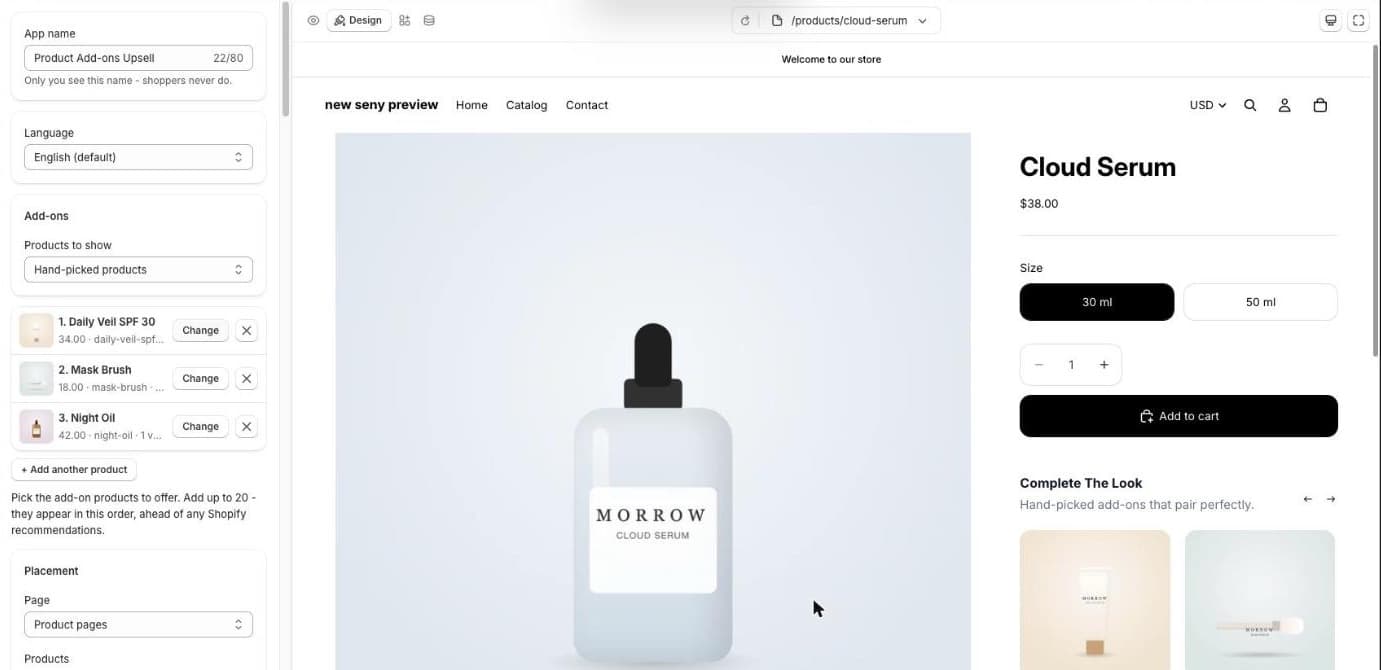 Seny Add-ons settings with Hand-picked products and three add-ons chosen: Daily Veil SPF 30, Mask Brush and Night Oil, next to the product page preview