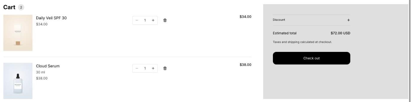 Shopify cart with Daily Veil SPF 30 at $34.00 and Cloud Serum at $38.00, estimated total $72.00