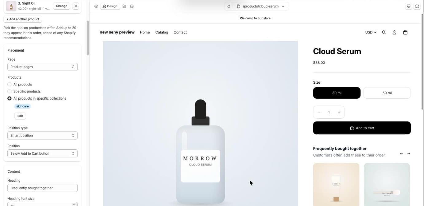 Seny Placement limited to the skincare collection, Position below the Add to Cart button, Heading set to Frequently bought together, with the preview