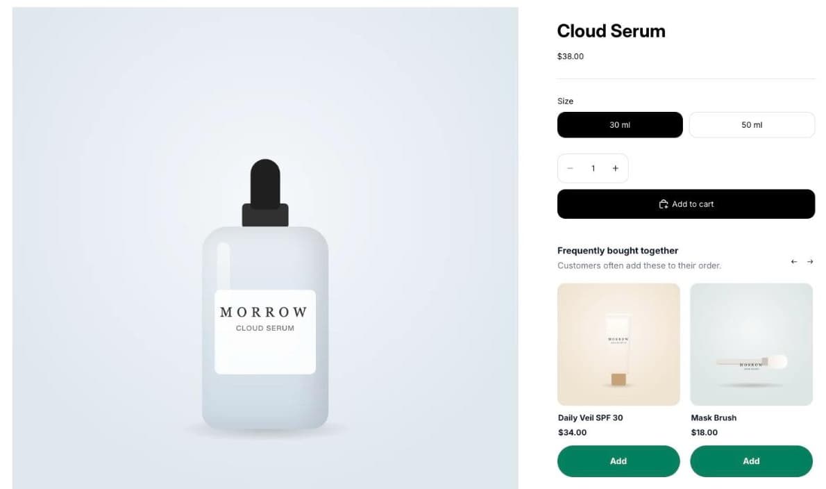 Shopify product page for Cloud Serum with a Frequently bought together section under Add to cart showing Daily Veil SPF 30 and Mask Brush with Add buttons