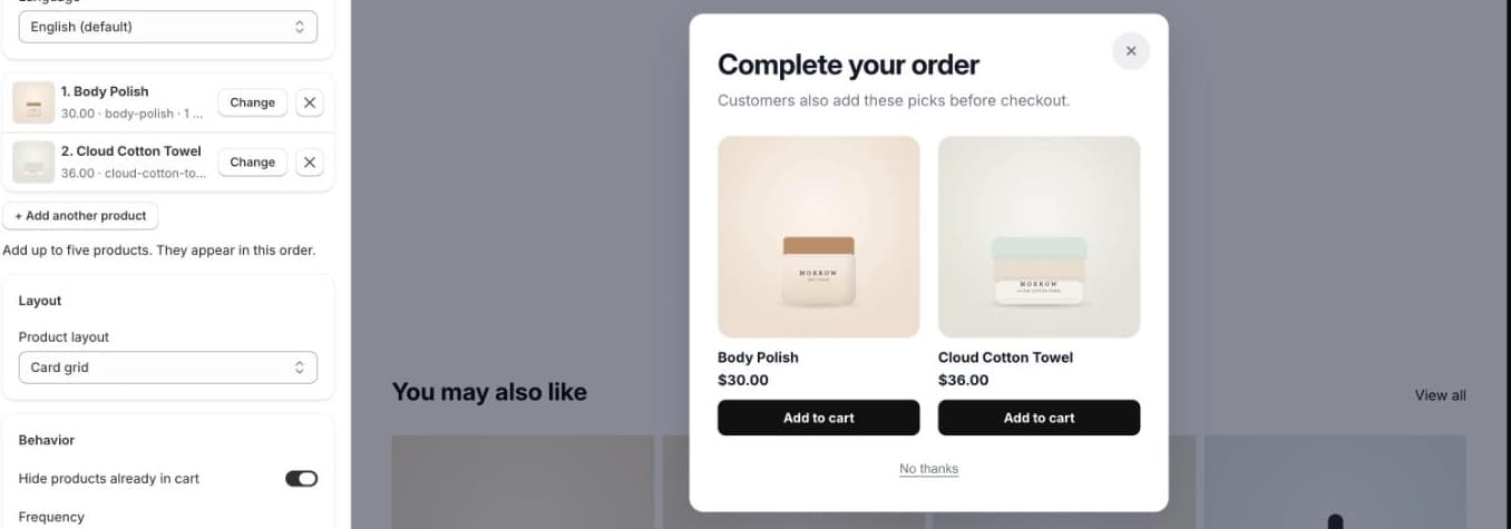 Seny Popup Upsell settings with Body Polish and Cloud Cotton Towel picked, Card grid layout and Hide products already in cart on, and a Complete your order popup in the store preview showing both products with Add to cart buttons and a No thanks link