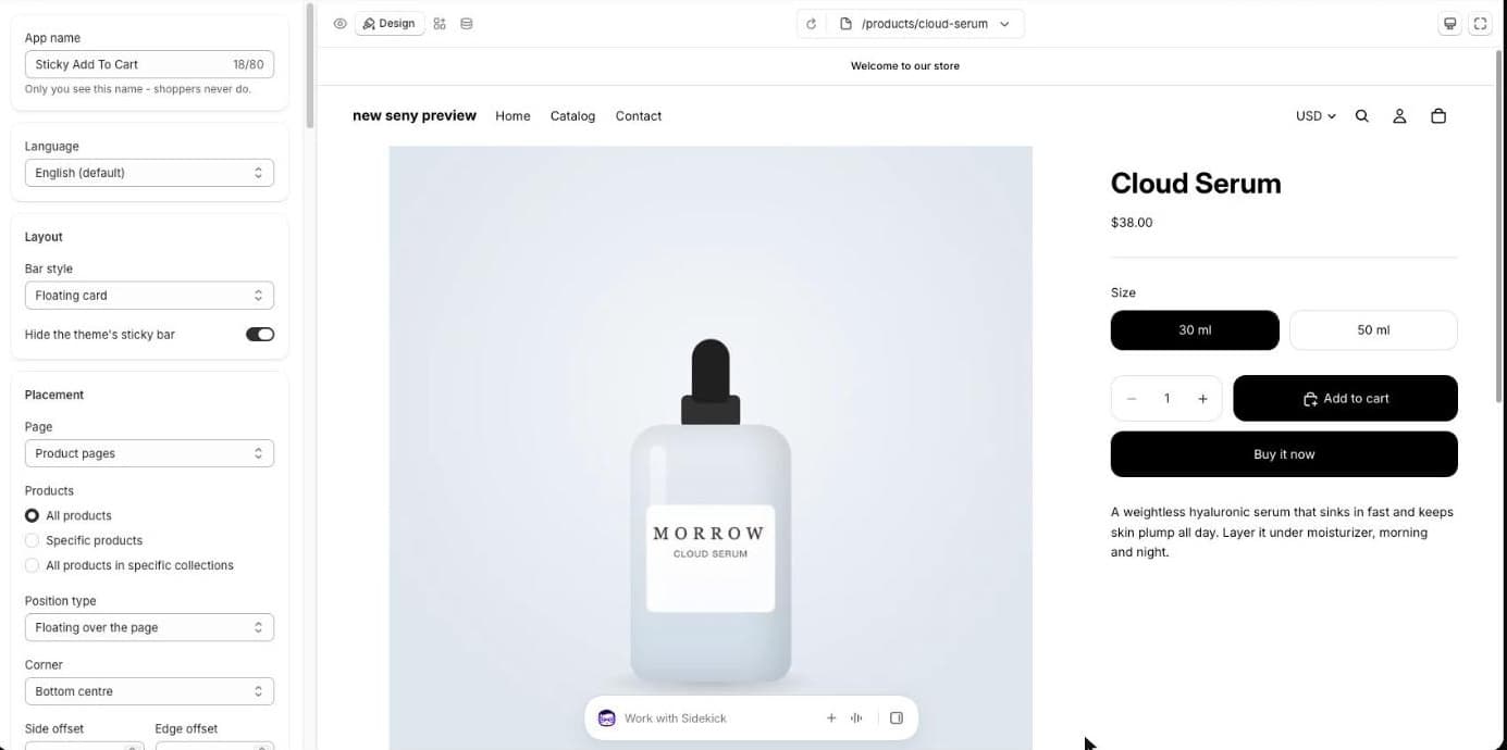 „Seny“ Sticky Add to Cart kūrimo langas: Bar style Floating card, įjungta Hide the theme's sticky bar, Placement: Product pages visoms prekėms, Floating over the page, Bottom centre
