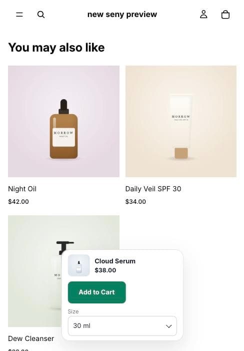 „Shopify“ prekės puslapis telefone, nuslinkus iki You may also like, su plaukiojančia juosta: Cloud Serum, 38,00 $, mygtukas Add to Cart ir dydžio pasirinkimas