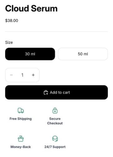 Product page with four generic trust badges under the Add to cart button: Free Shipping, Secure Checkout, Money-Back and 24/7 Support